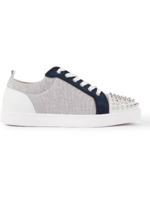 Christian Louboutin - Louis Junior Studded Leather-Trimmed Canvas Sneakers - Men - Gray - EU 41
