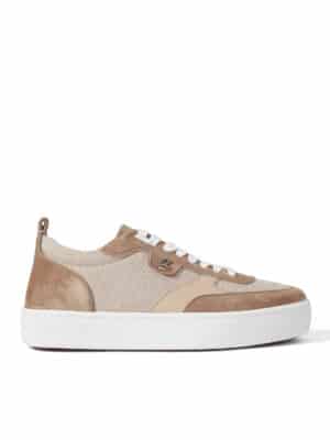 Christian Louboutin - Happyrui Spiked Leather-Trimmed Canvas and Suede Sneakers - Men - Brown - EU 43