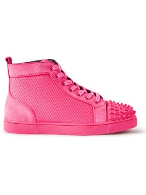 Christian Louboutin - Louis Spiked Suede-Trimmed Mesh High-Top Sneakers - Men - Pink - EU 42