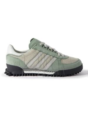 Y-3 - Marathon Distressed Suede and Leather-Trimmed Corduroy Sneakers - Men - Green - UK 11.5